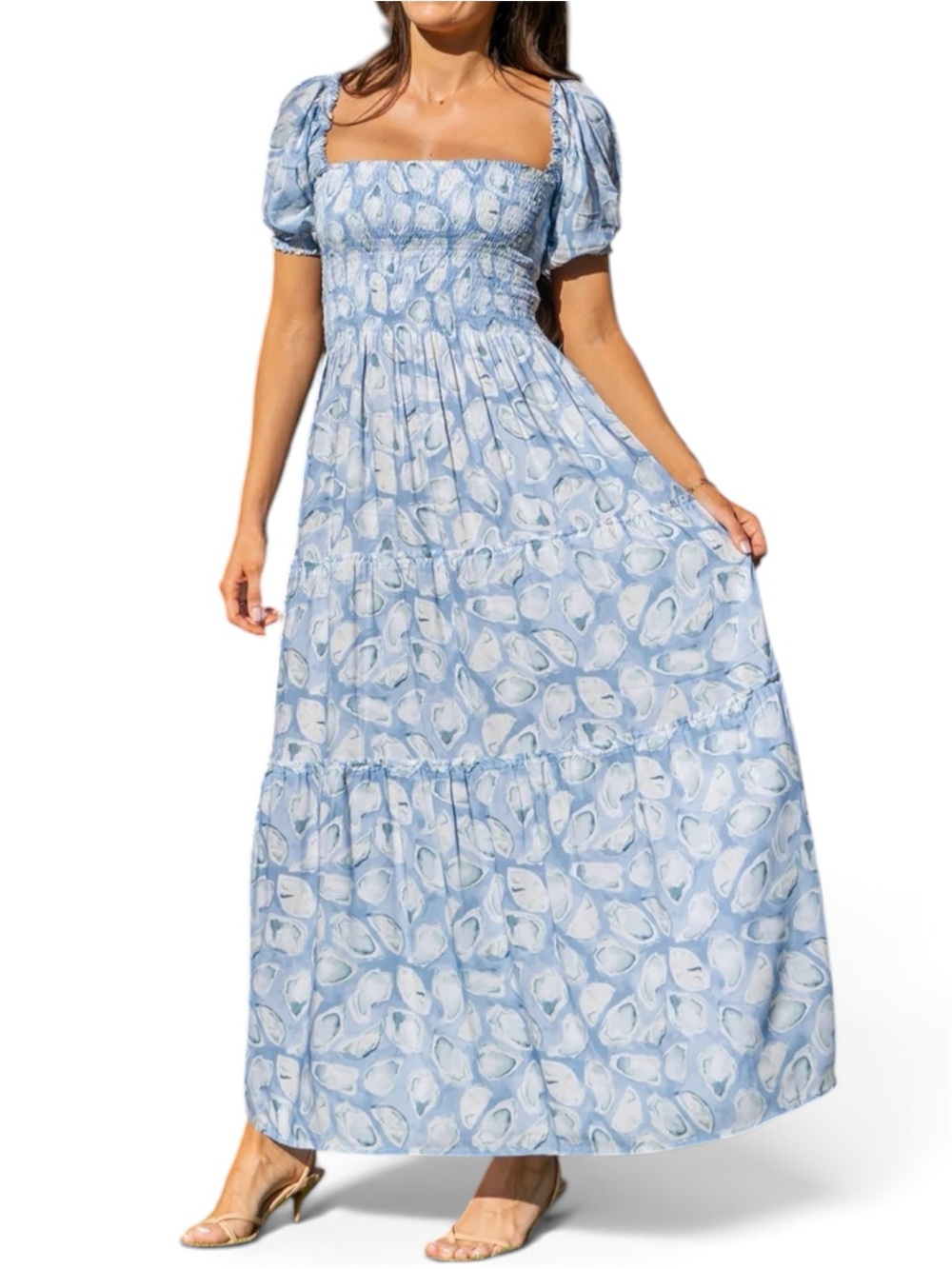 Kenny Flowers Nantucket Smocked Maxi Oyster Dress Coastal Blue Tiered Vacation M